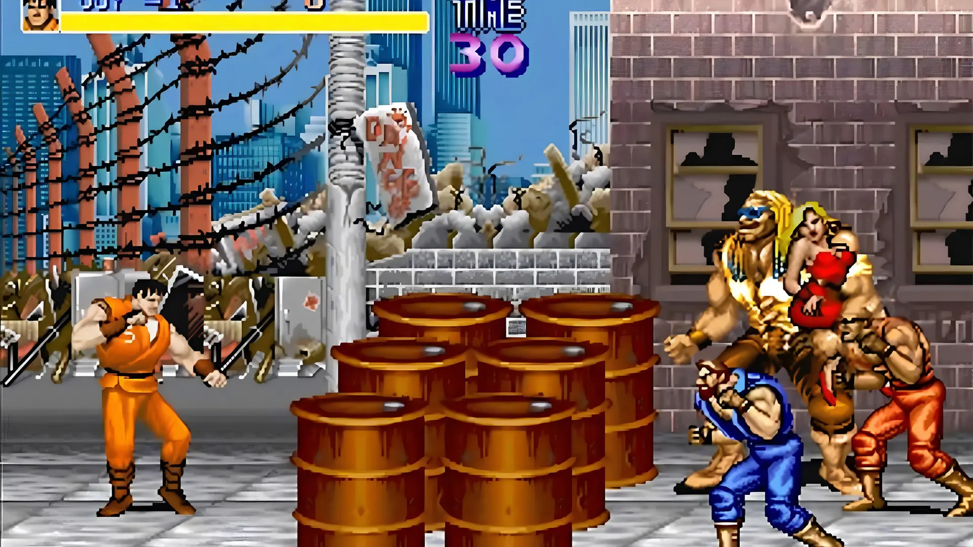 final fight arcade gameplay showing street fighters battling enemies in a side scrolling city scene
