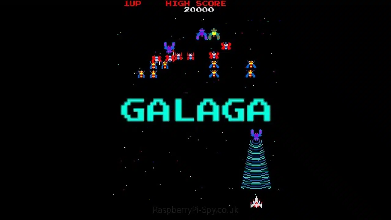 galaga arcade gameplay showing spaceship fighting alien formations in a classic shooter scene