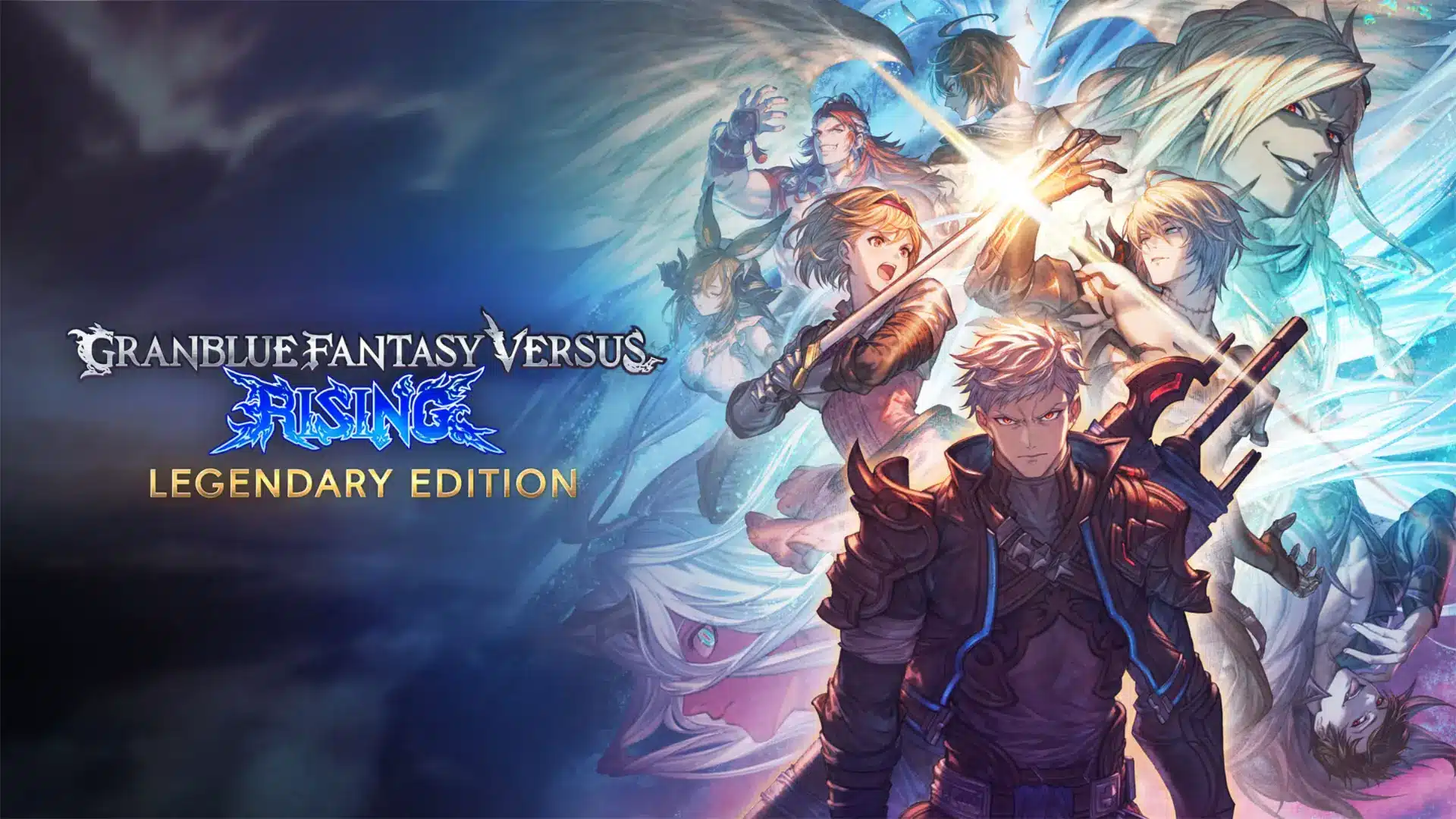 granblue fantasy versus rising characters gathered beside the game title on a blue fantasy background