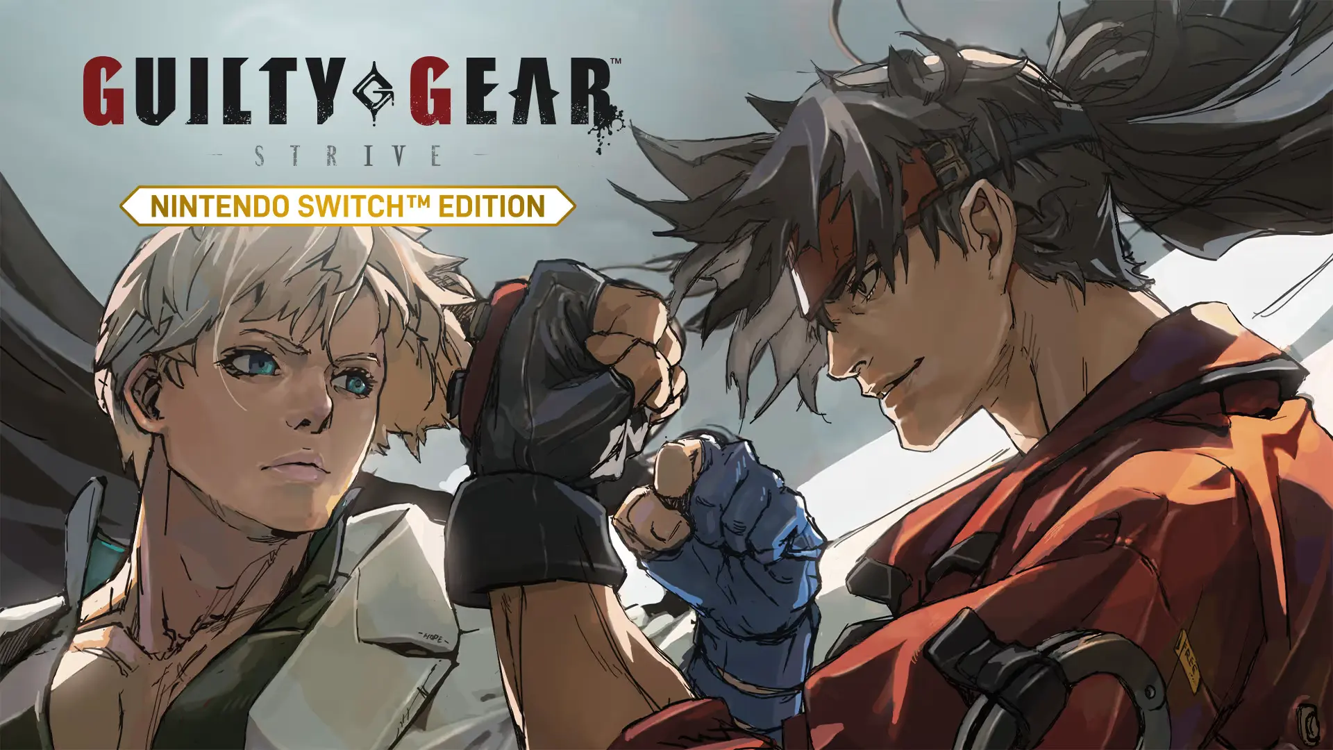 guilty gear strive artwork showing sol badguy facing a blond fighter beneath the game title