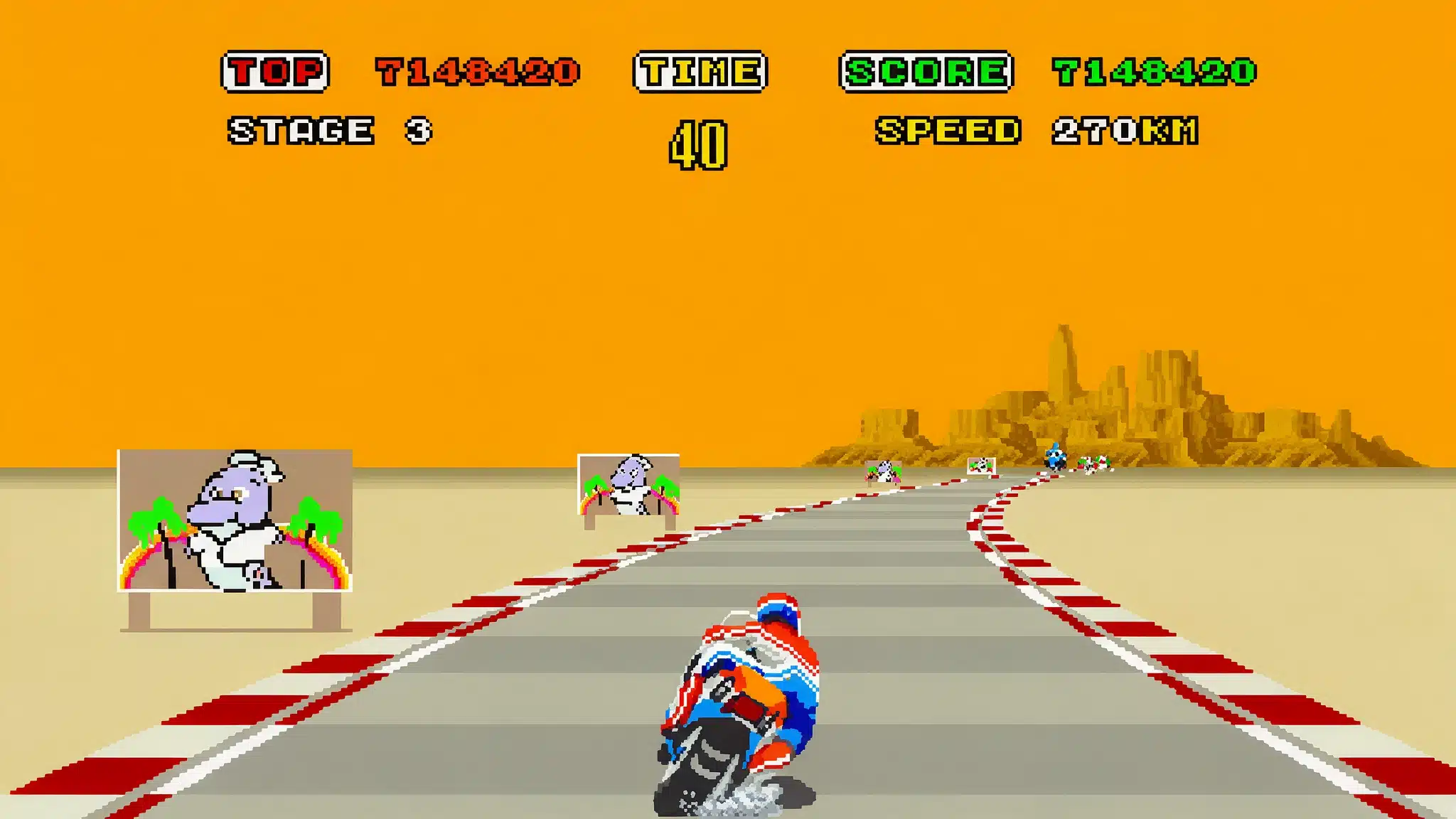 hang on arcade racing gameplay showing motorcycle rider speeding through a retro racing track