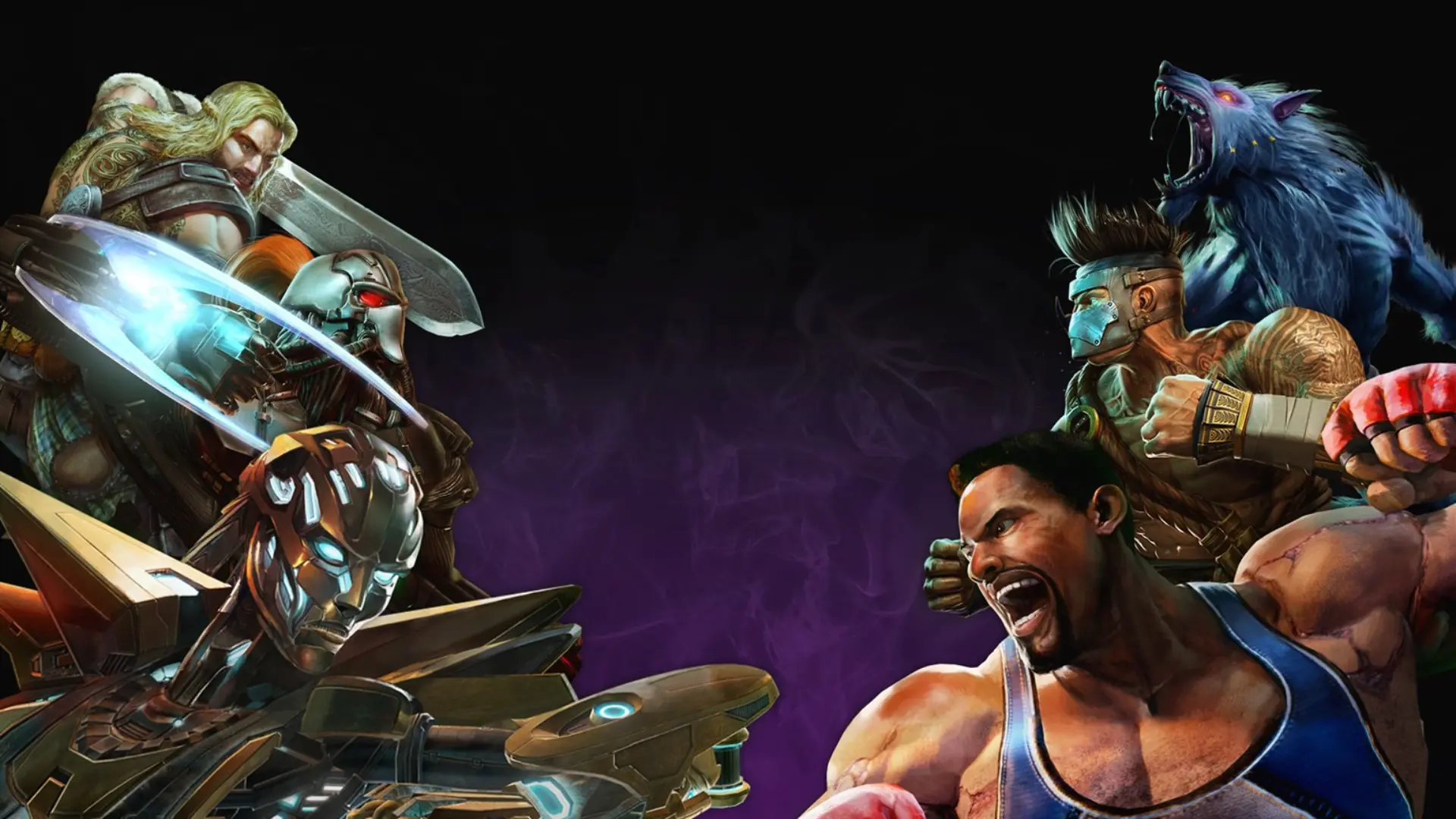 killer instinct fighters facing each other around a dark purple center with dramatic combat artwork