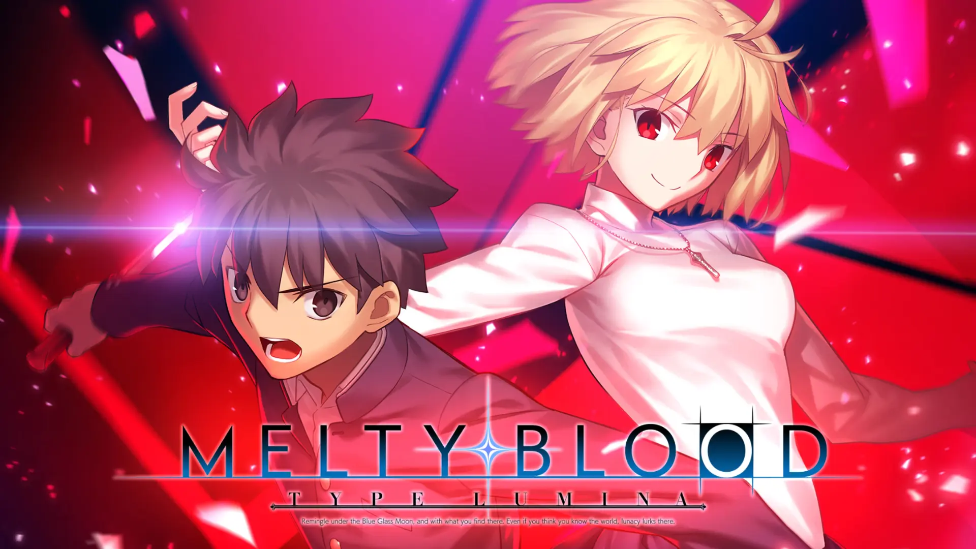 melty blood type lumina artwork showing two anime fighters against a vivid pink background