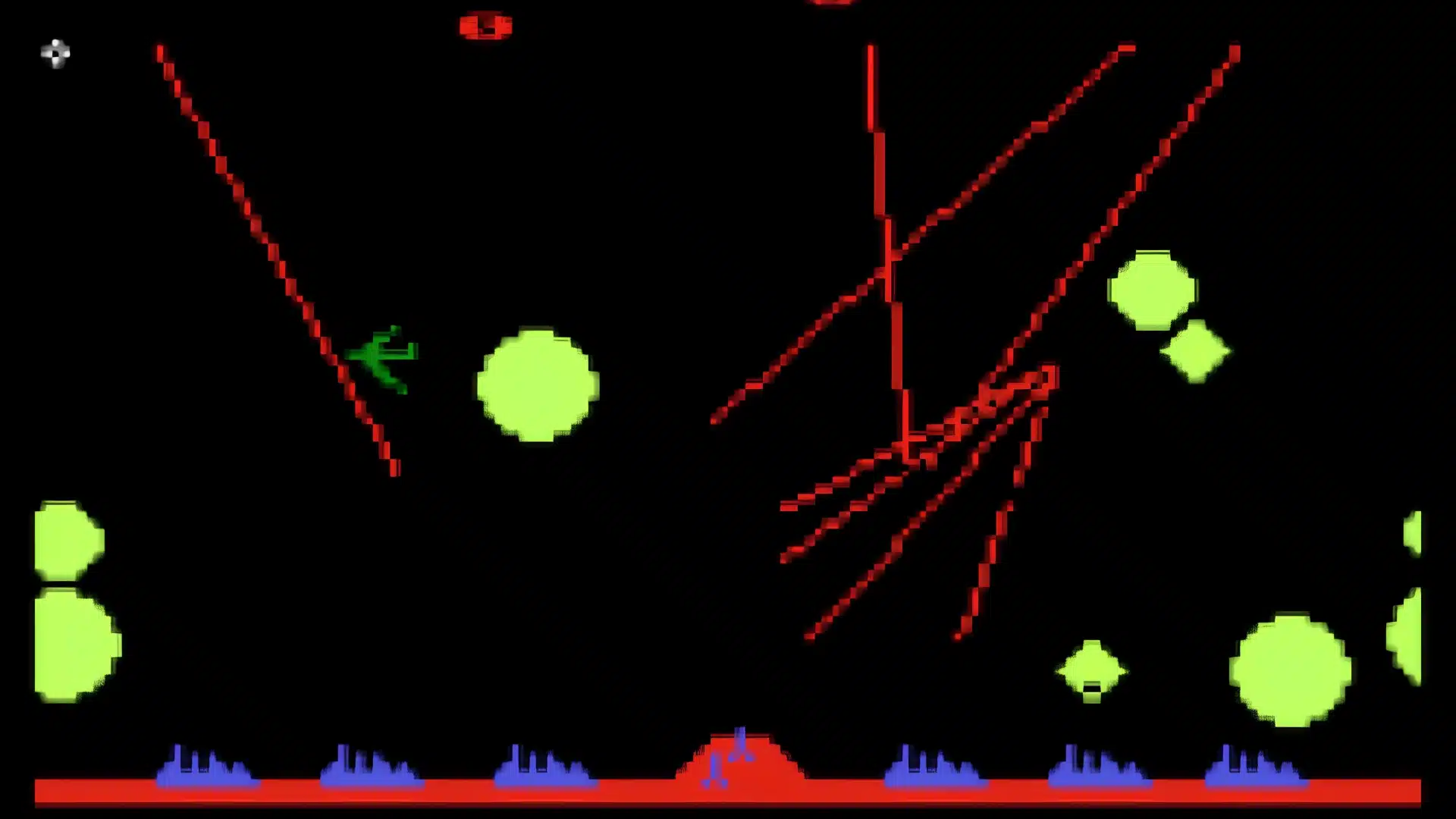 missile command arcade gameplay showing defense system targeting incoming missiles above cities