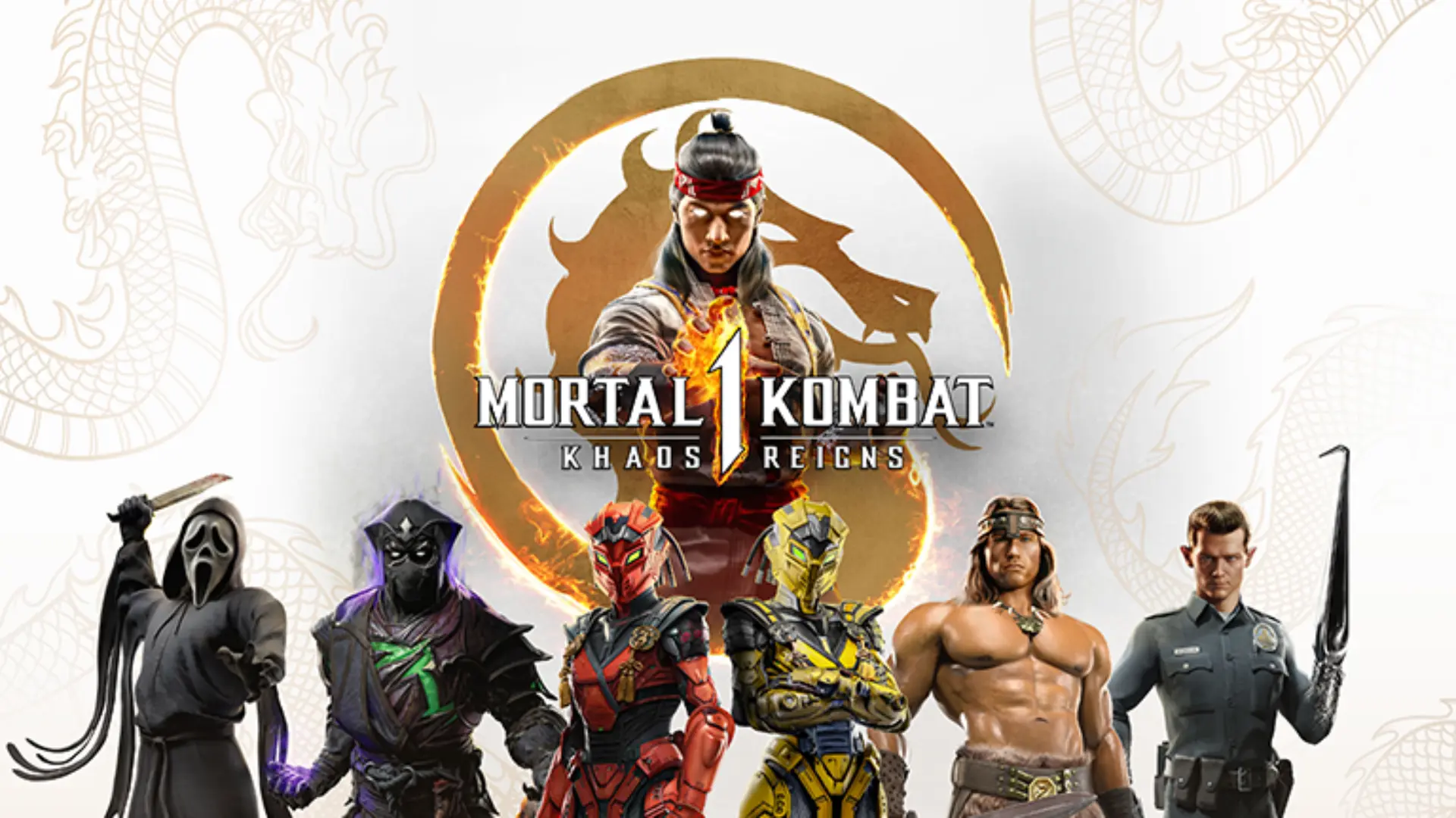 mortal kombat 1 khaos reigns artwork showing liu kang above six fighters and a gold dragon emblem