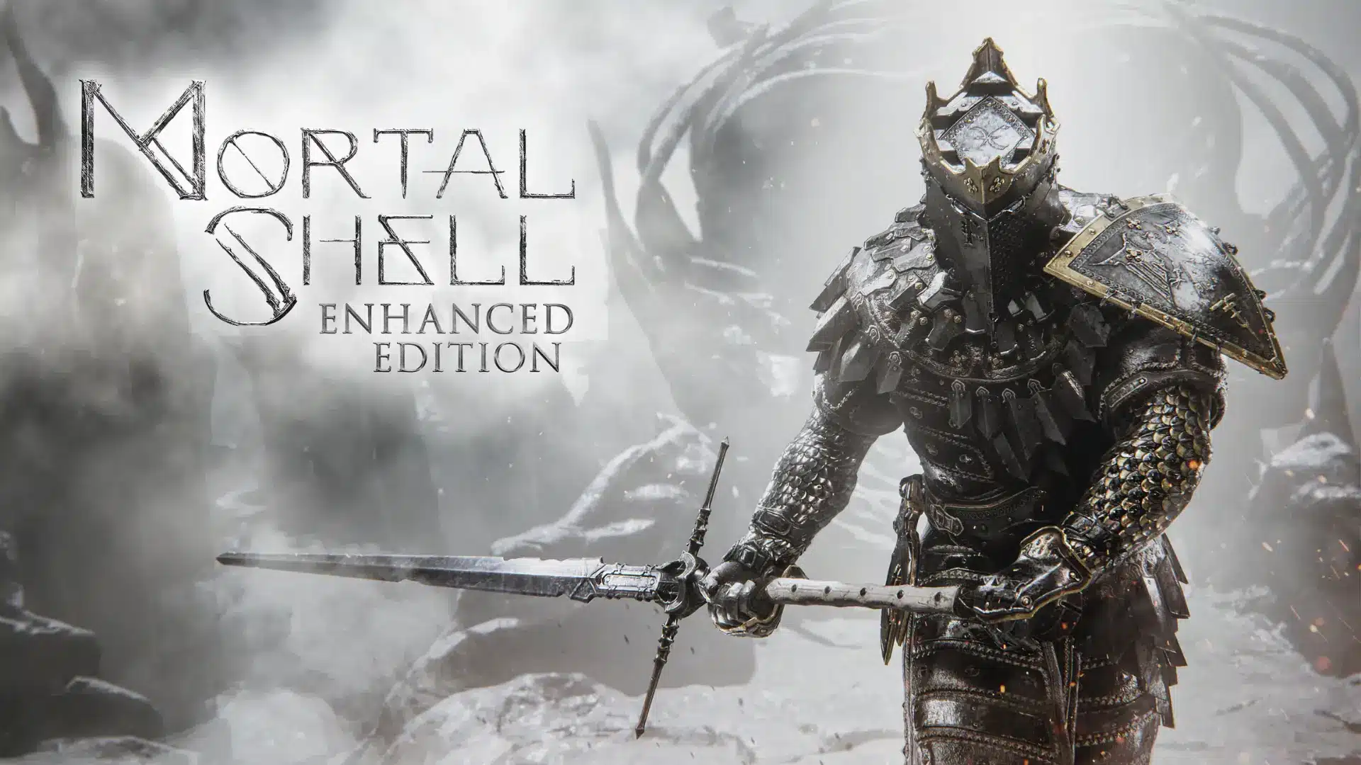 mortal shell enhanced edition cover showing armored knight holding sword in a foggy dark battlefield