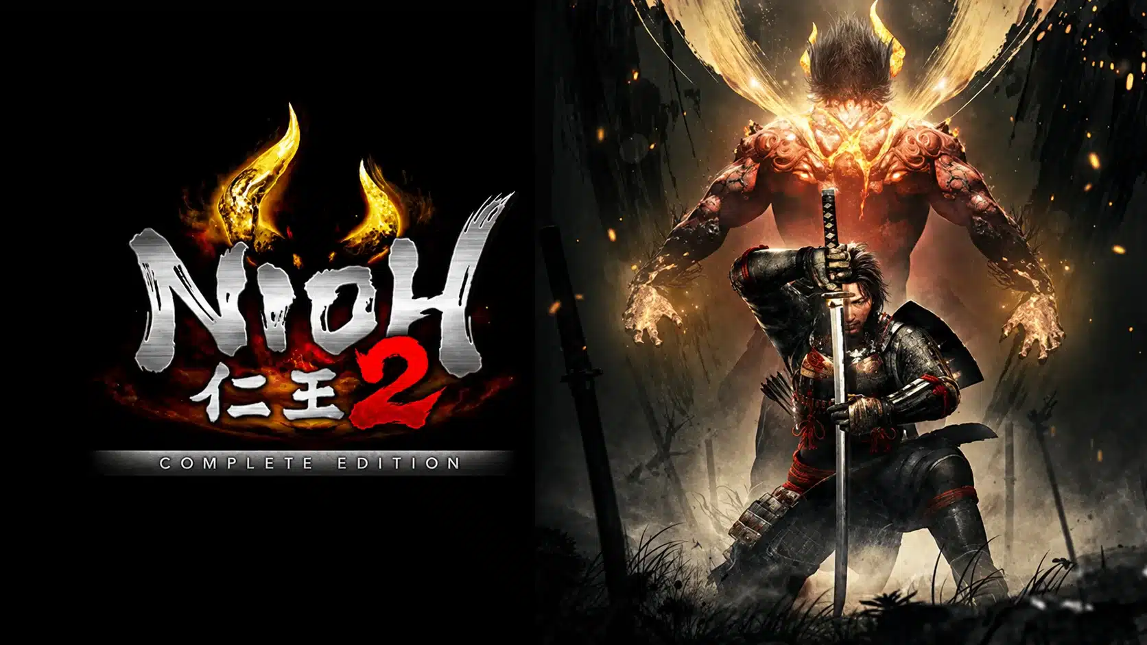 nioh 2 complete edition cover with a samurai holding a sword and a huge fiery horned demon behind him