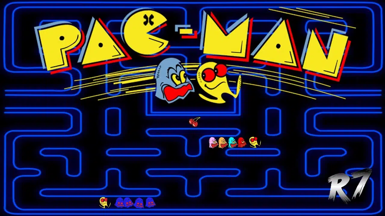 pac man arcade gameplay showing yellow character moving through maze while avoiding ghost