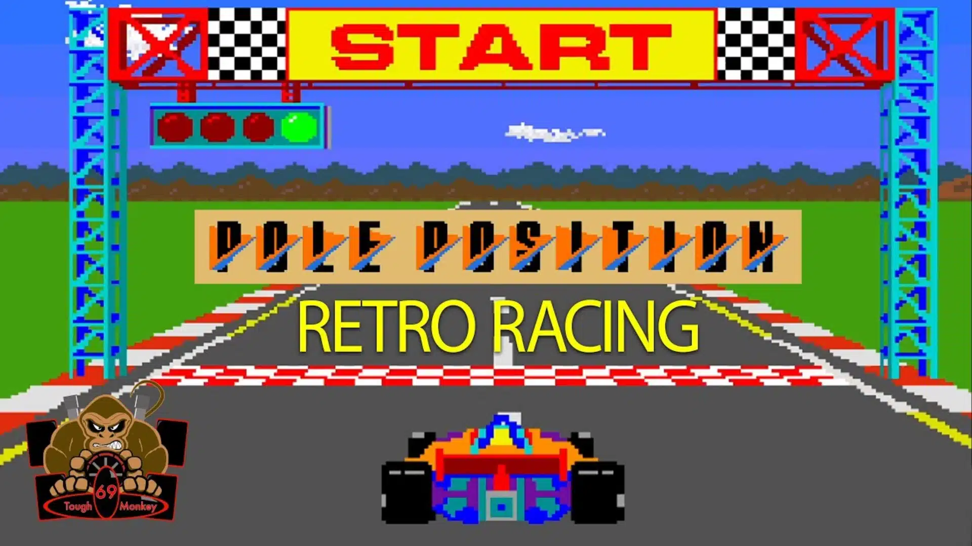 pole position arcade gameplay showing a race car driving through a classic track environment