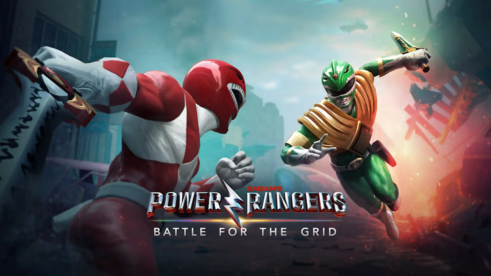 power rangers battle for the grid artwork showing three suited heroes ready for combat in an arena