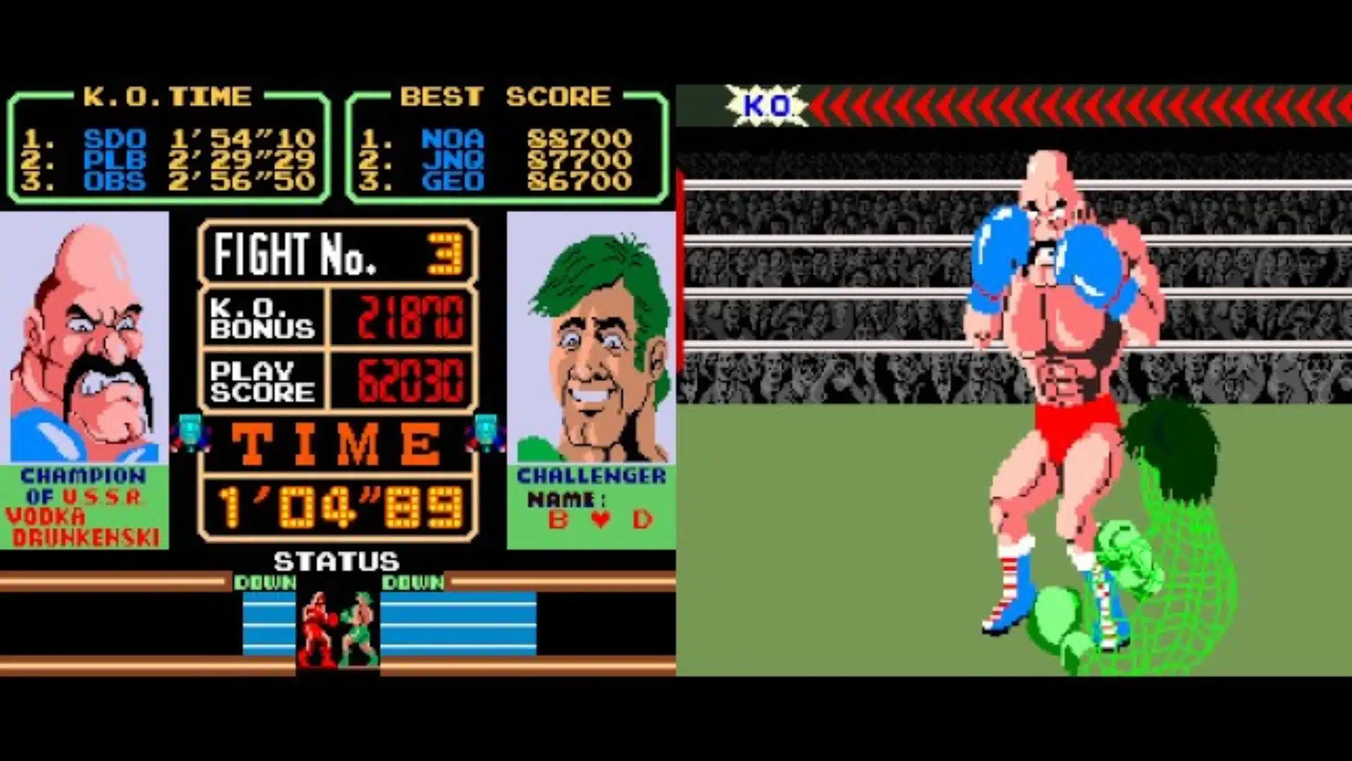 punch out arcade gameplay showing boxing match with fighters inside a classic arcade ring