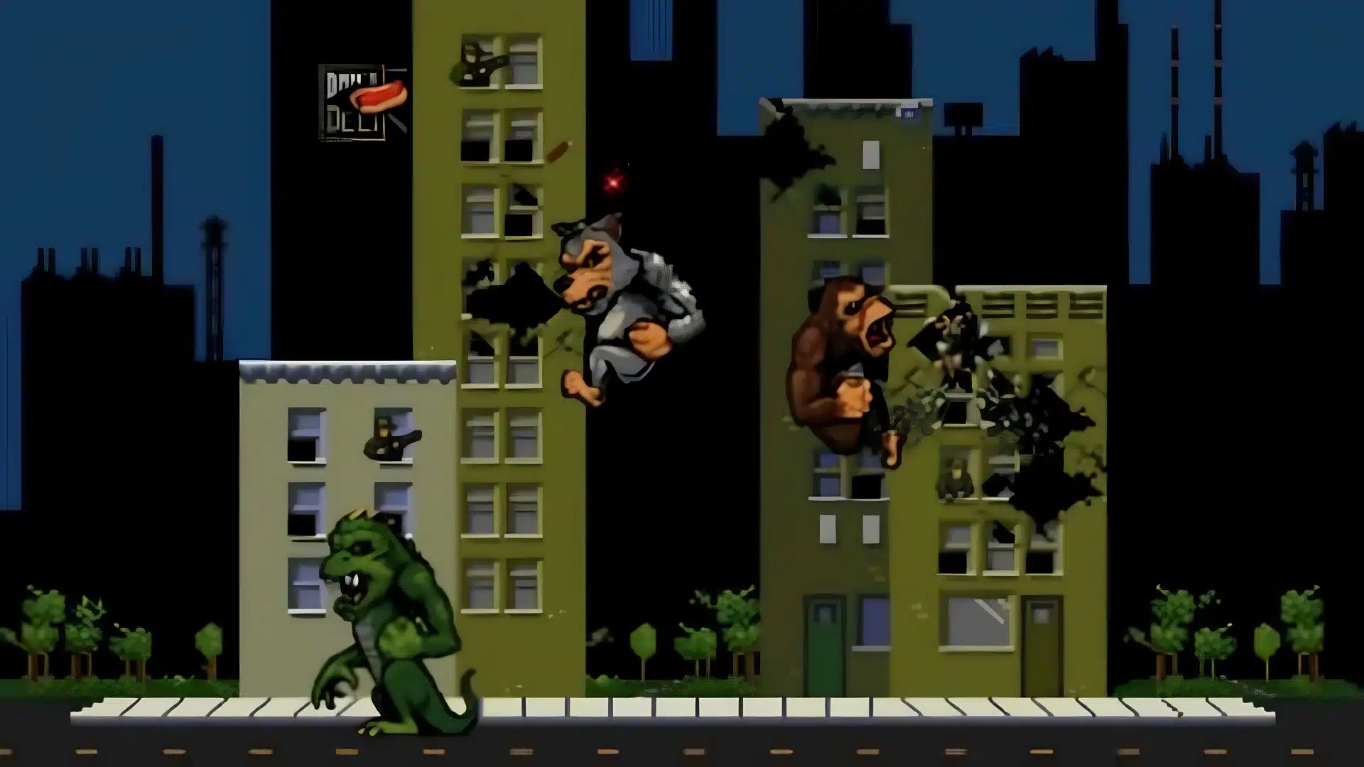 rampage arcade gameplay showing giant monsters destroying buildings across a city landscape