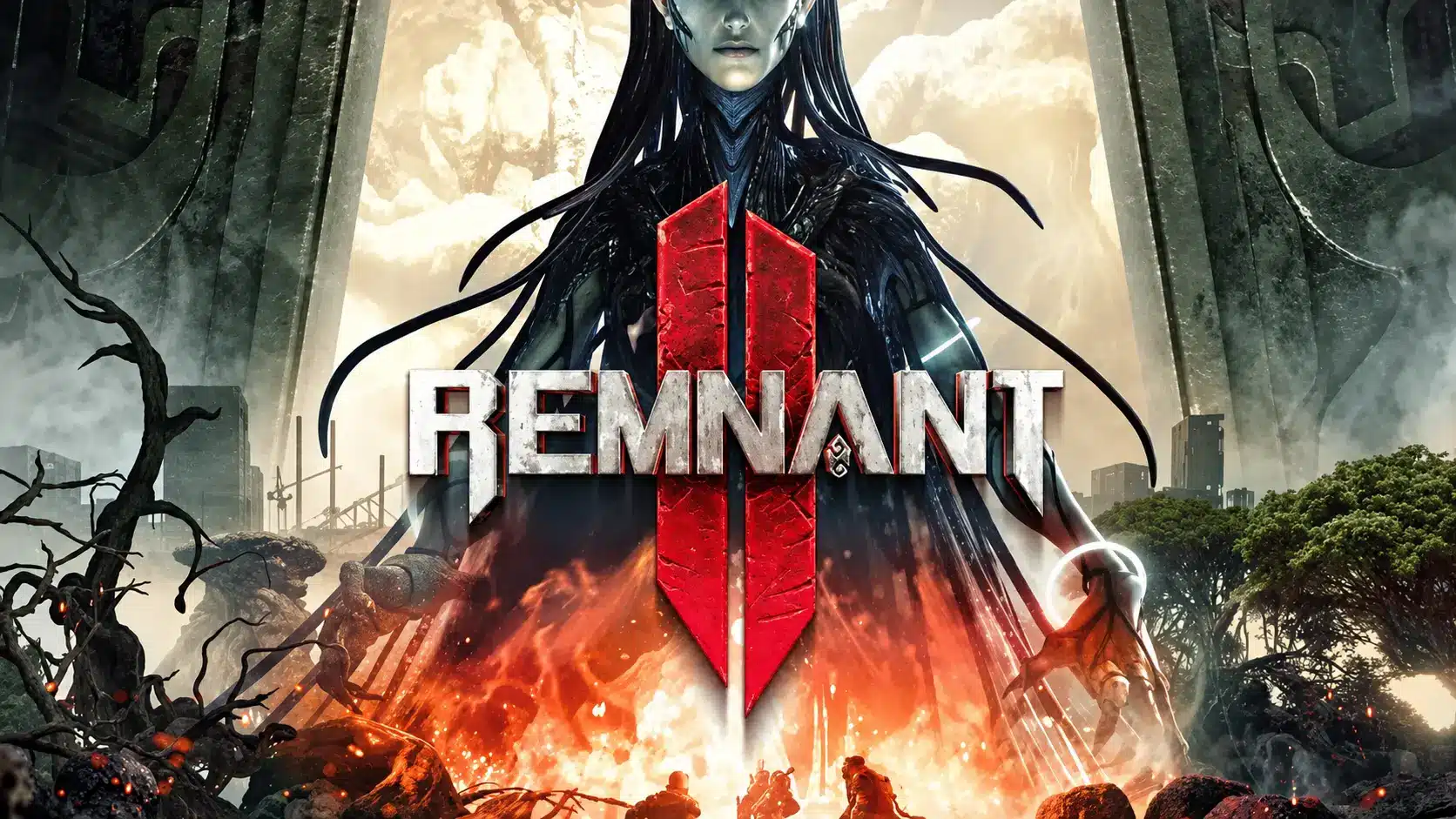 remnant 2 cover with the game logo over a dark female figure fire twisted trees and ruined land