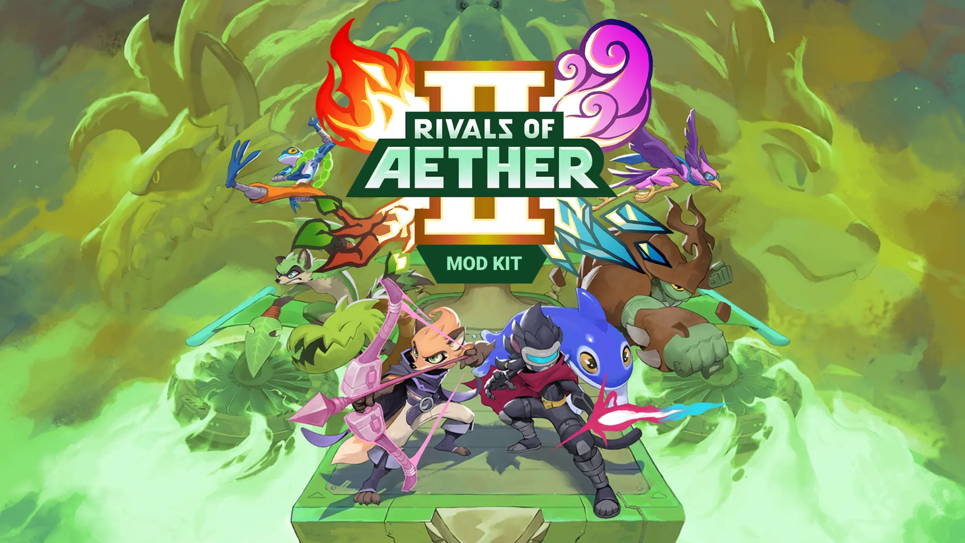 rivals of aether ii characters surrounding the game logo against a vivid green fantasy background