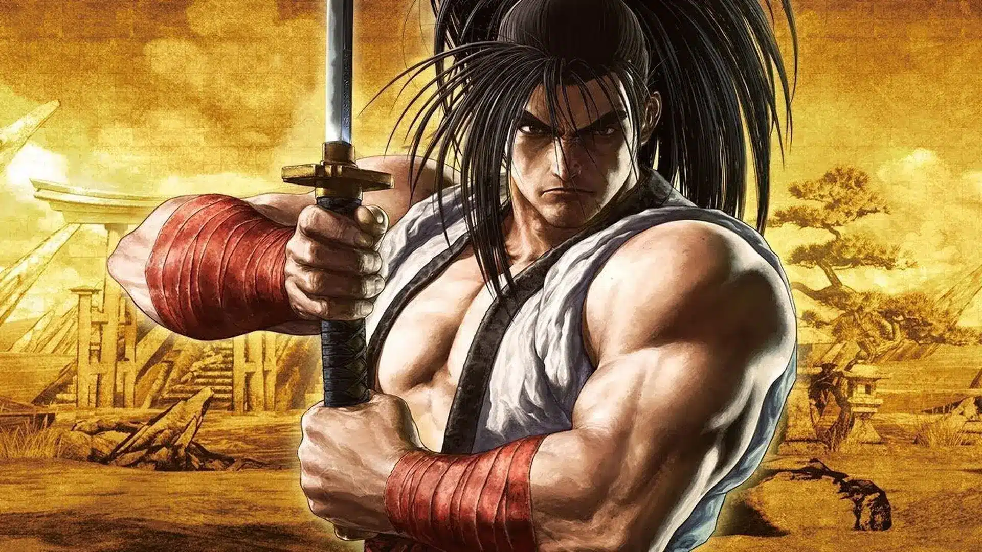 samurai shodown swordsman holding a katana in front of a warm golden japanese battlefield scene