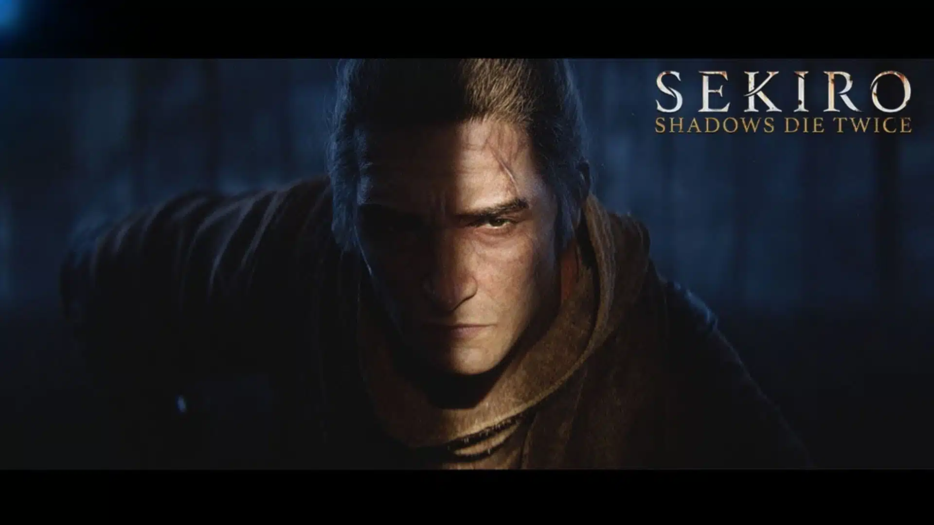 sekiro shadows die twice warrior character facing forward in a dark cinematic game scene with shadows