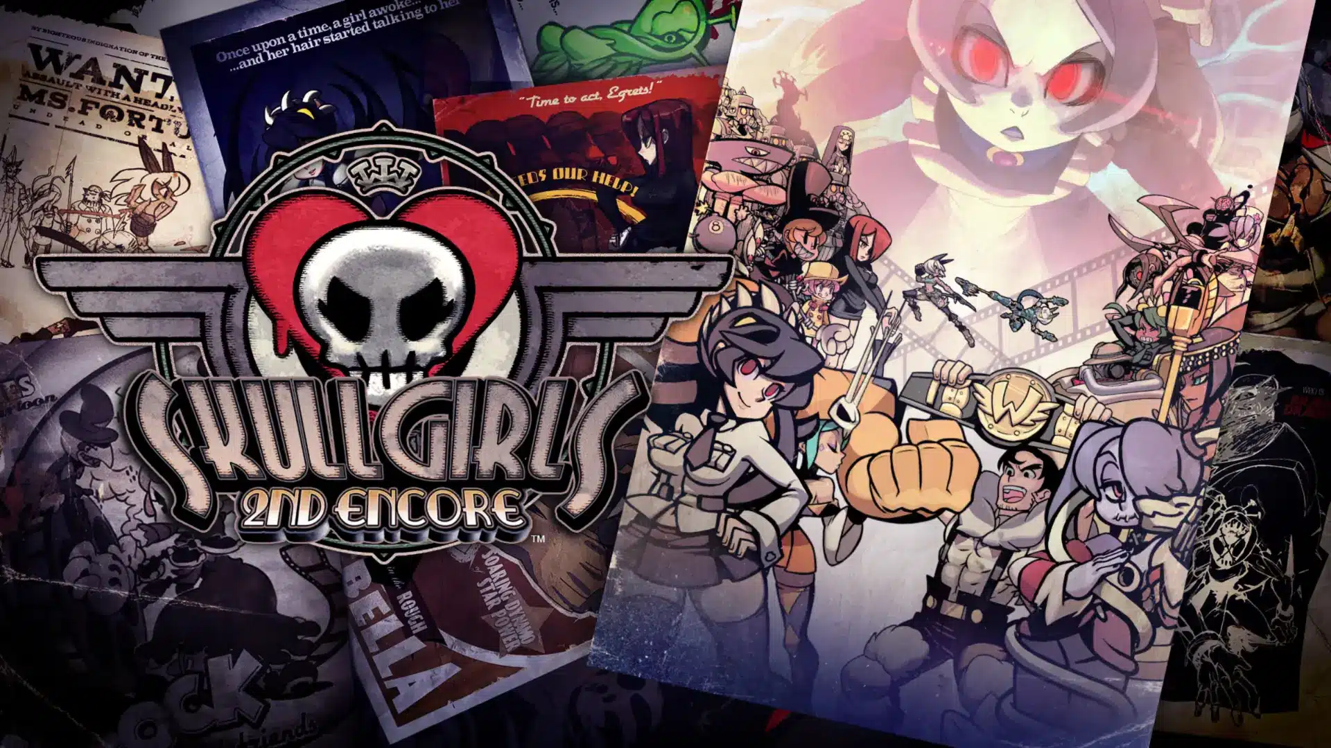 skullgirls 2nd encore characters and poster artwork arranged around the large skullgirls game logo
