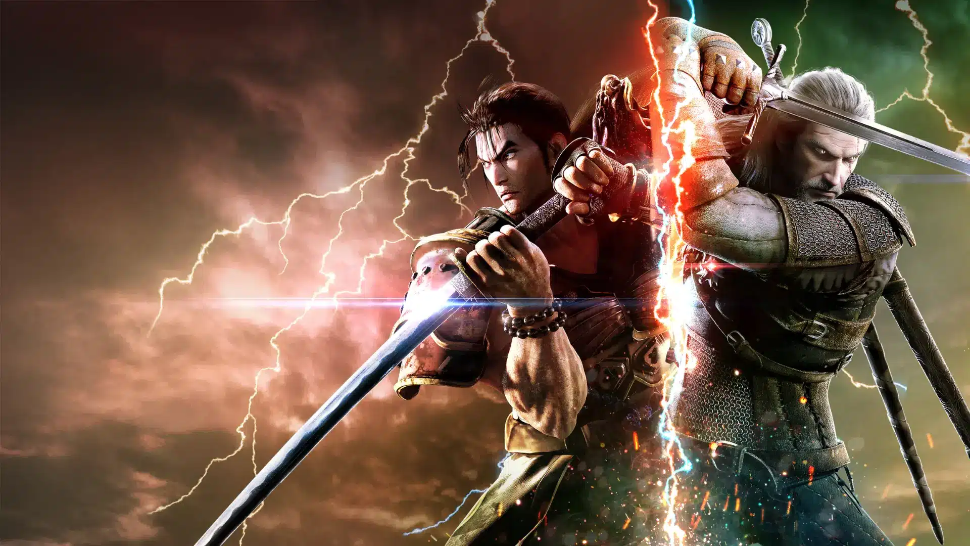 soulcalibur vi artwork showing two sword wielding warriors with lightning between them in a storm