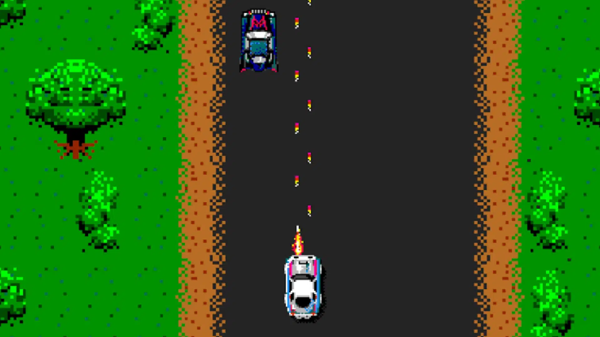 spy hunter arcade gameplay showing a combat car driving through a road with enemy vehicles
