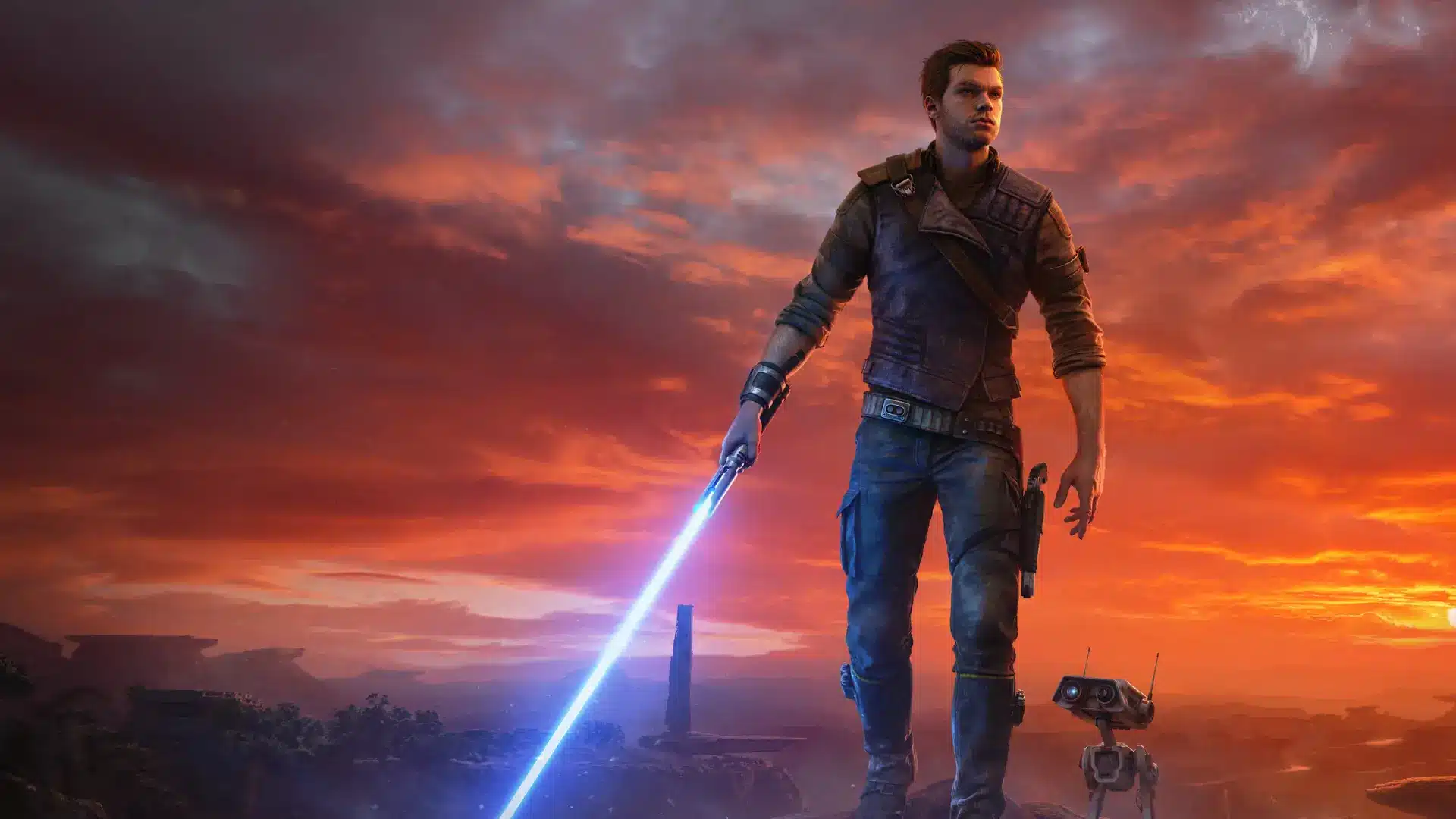 star wars jedi survivor cover showing jedi warrior holding glowing lightsaber on alien planet