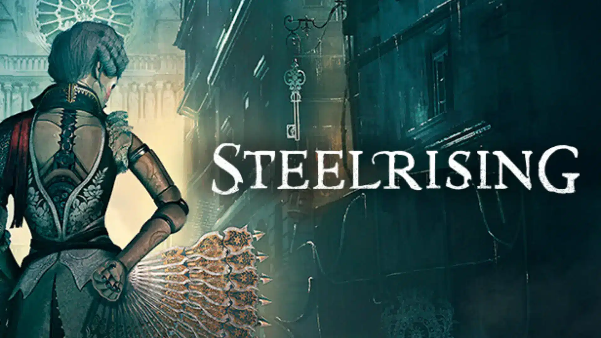 steelrising cover showing female automaton warrior holding weapon in a dark paris inspired city