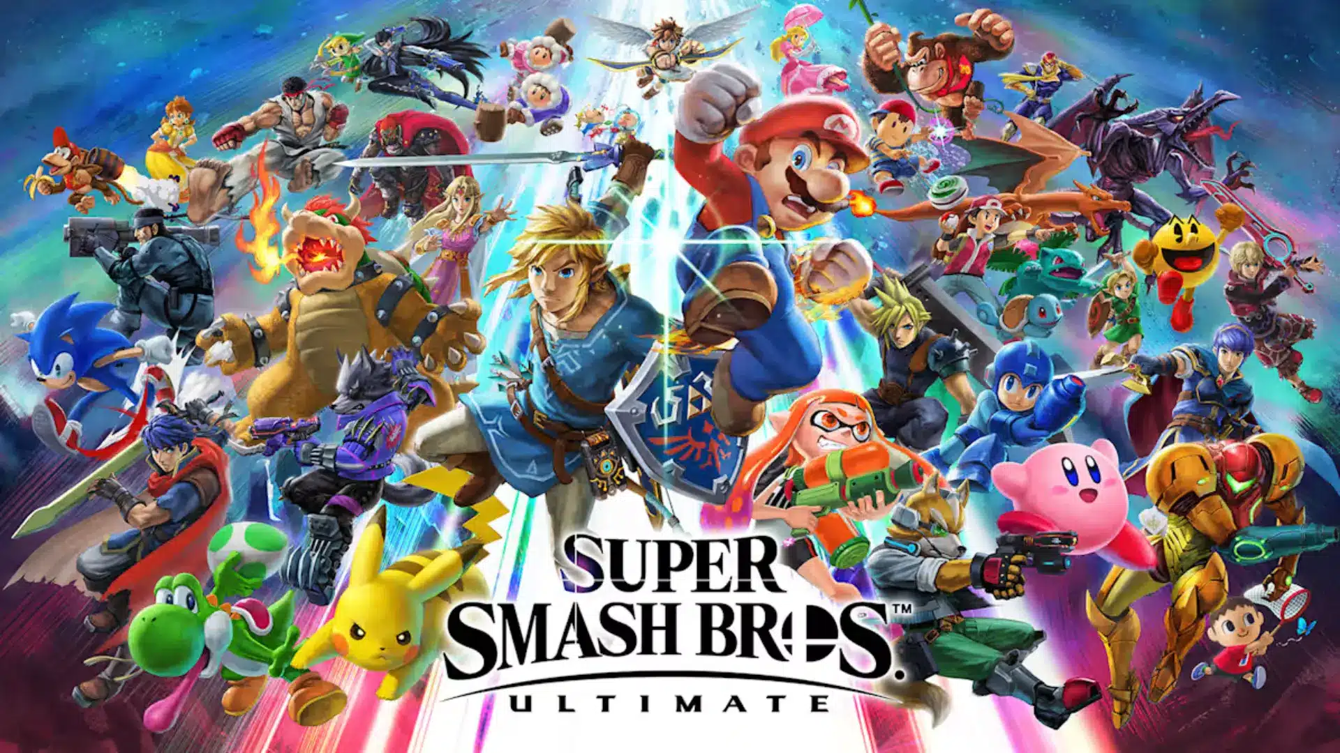 super smash bros ultimate artwork featuring a large crossover cast gathered around the game logo