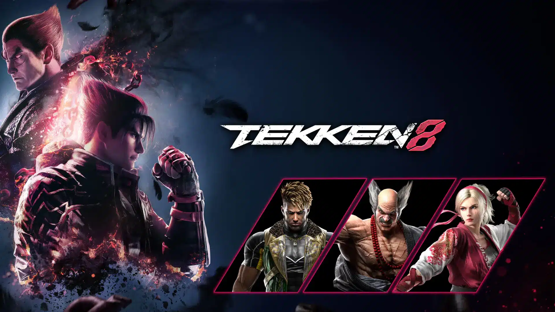 tekken 8 artwork showing jin and kazuya above three other fighters against a dark background