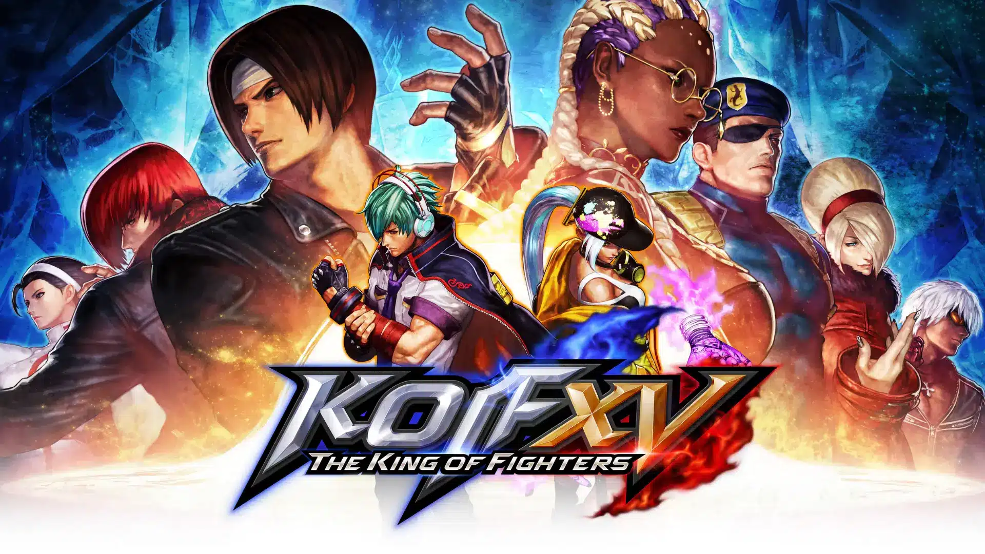 the king of fighters xv characters surrounding the game logo with blue and orange energy effects