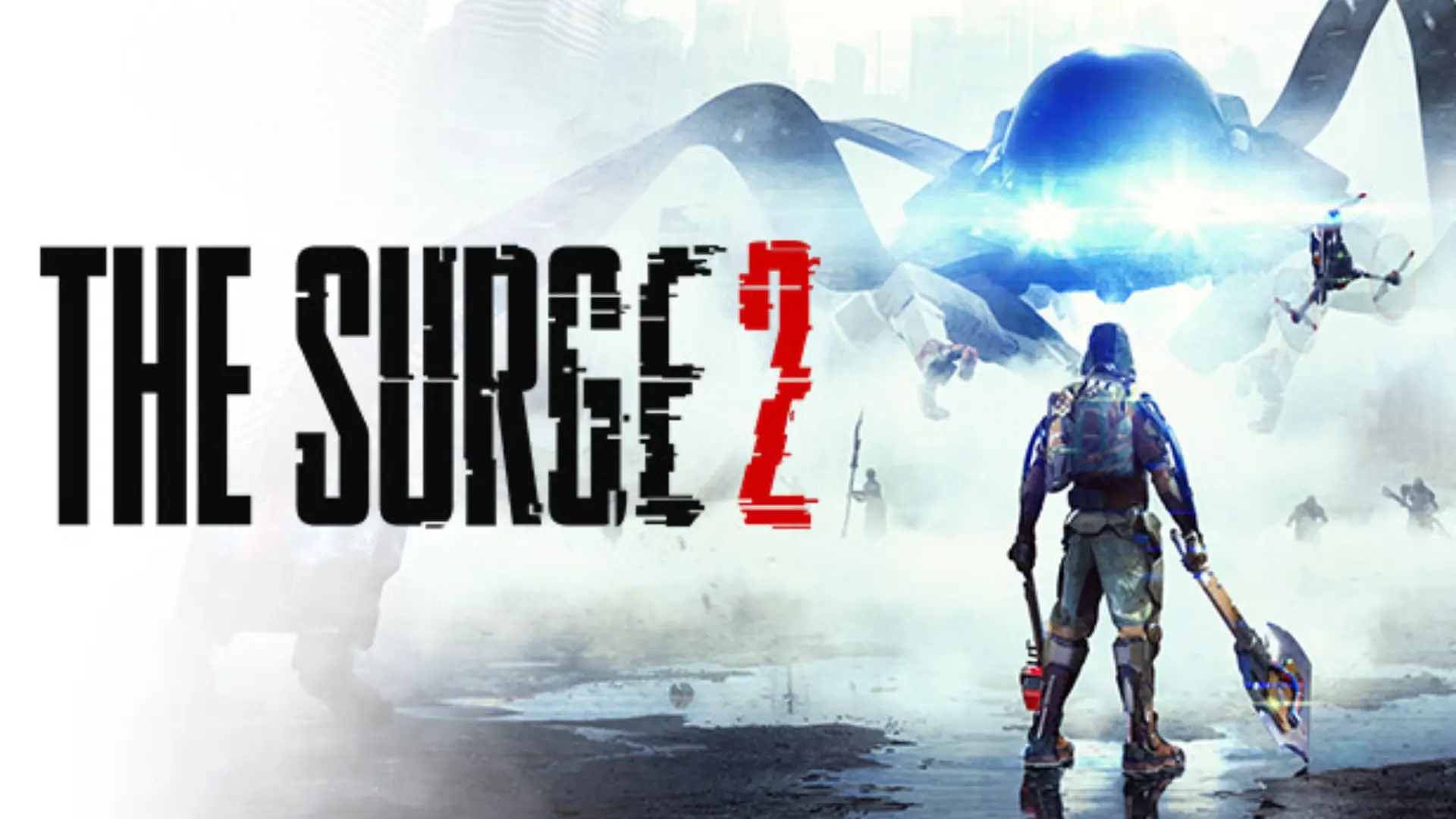the surge 2 cover showing armored fighter standing in futuristic snowy landscape with machines