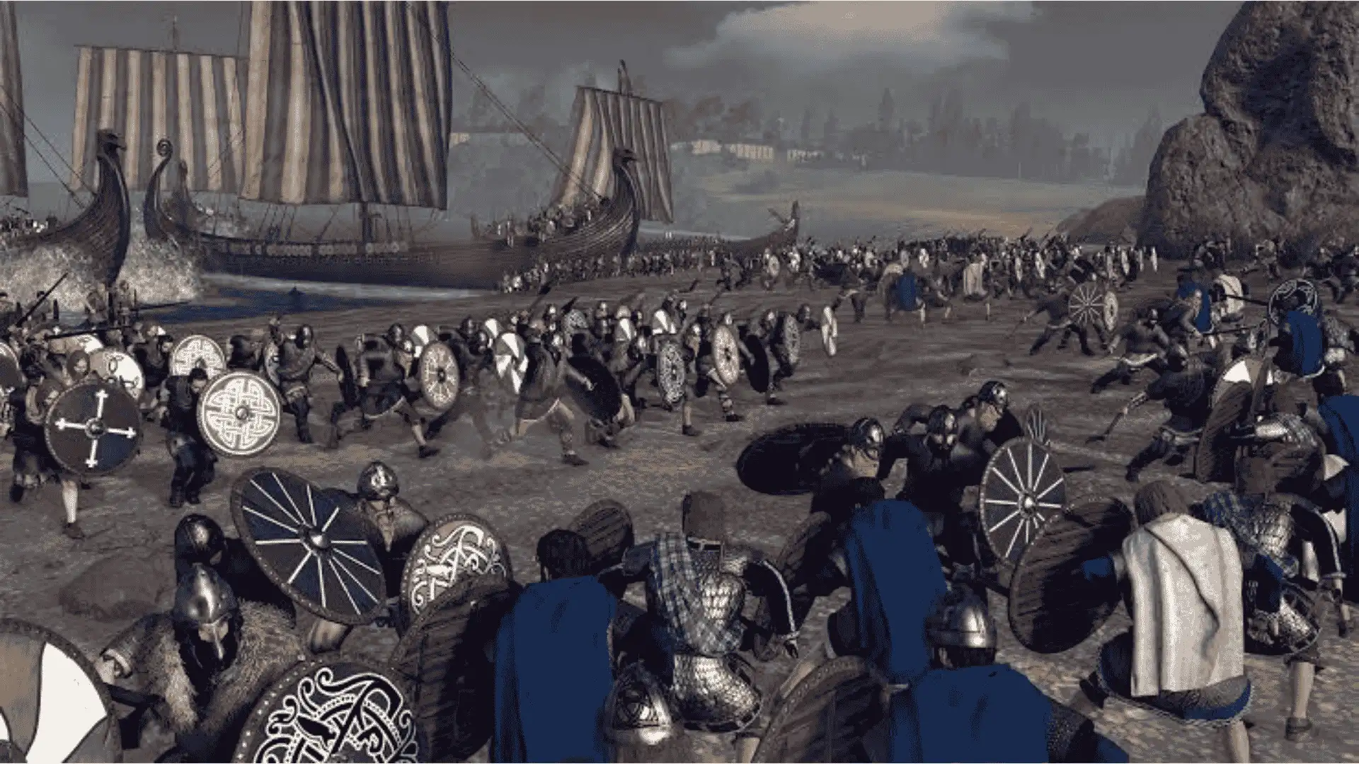 thrones of britannia warriors fighting near viking ships with shields and medieval weapons on battlefield