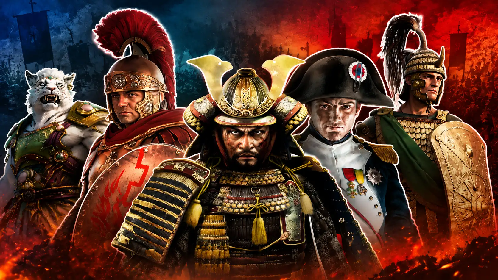 total war games ranked banner showing samurai roman warrior fantasy commander and historical battle characters