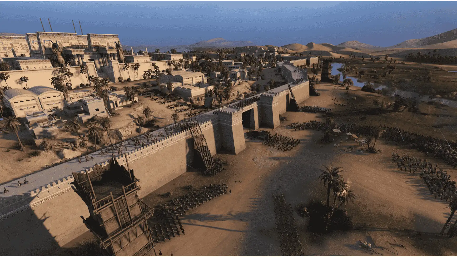 total war pharaoh armies attacking a desert city with walls and ancient battlefield forces