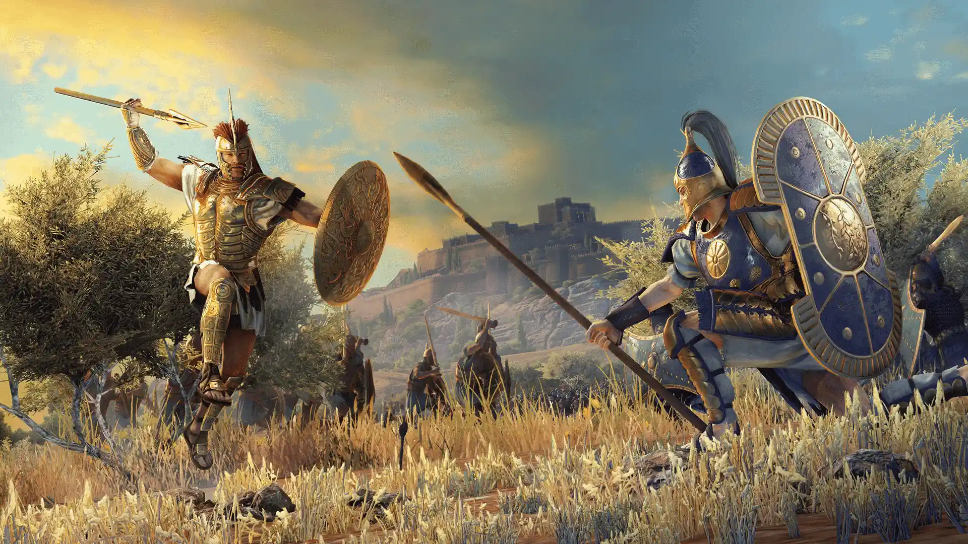 troy total war warriors fighting with ancient weapons near a fortified city during a mythological battle