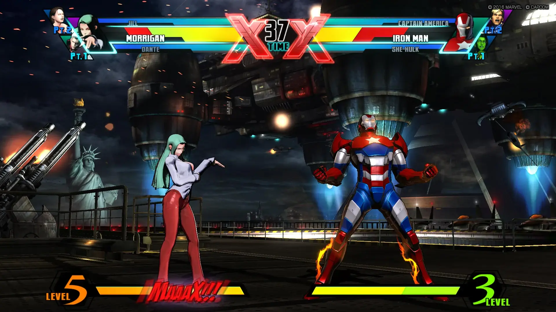 ultimate marvel vs capcom 3 gameplay showing morrigan and iron man facing off in a nighttime arena