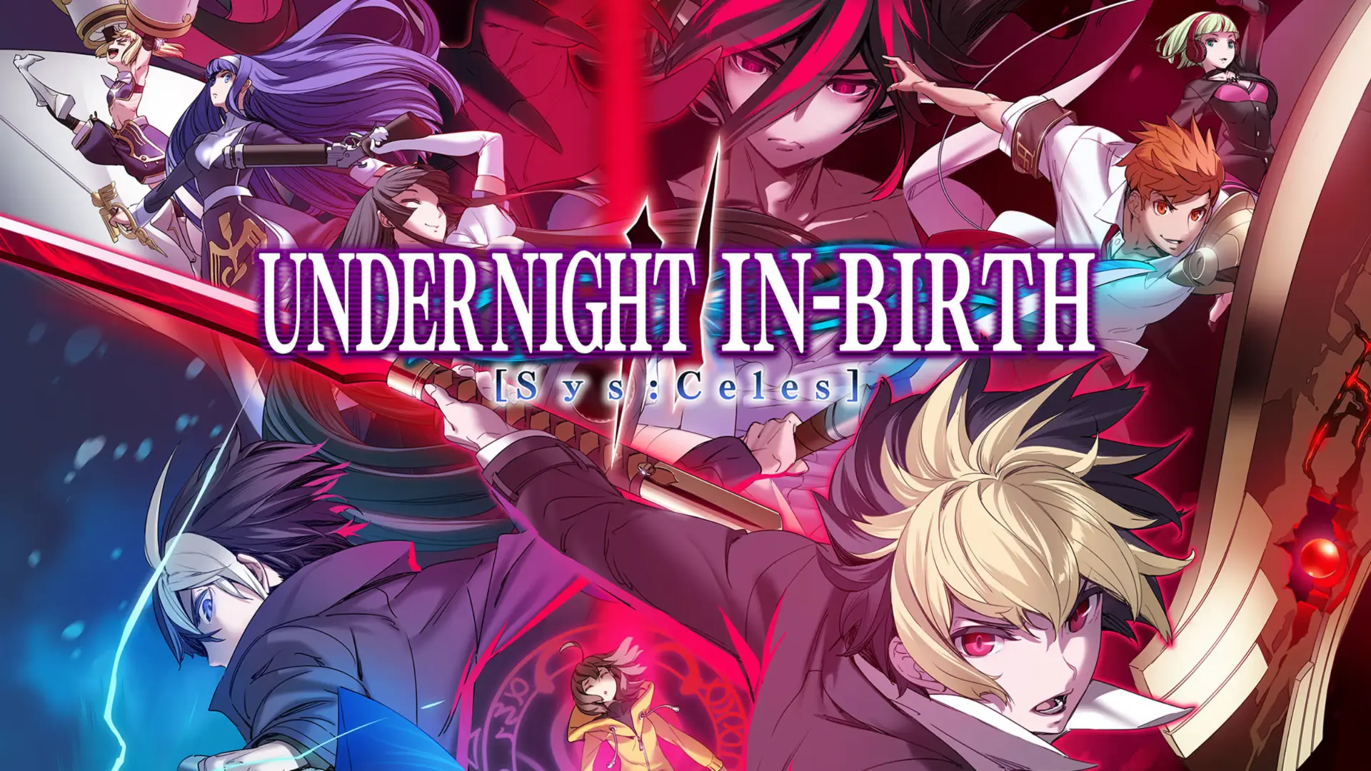 under night in birth ii sys celes characters surrounding the title logo in red blue and black artwork
