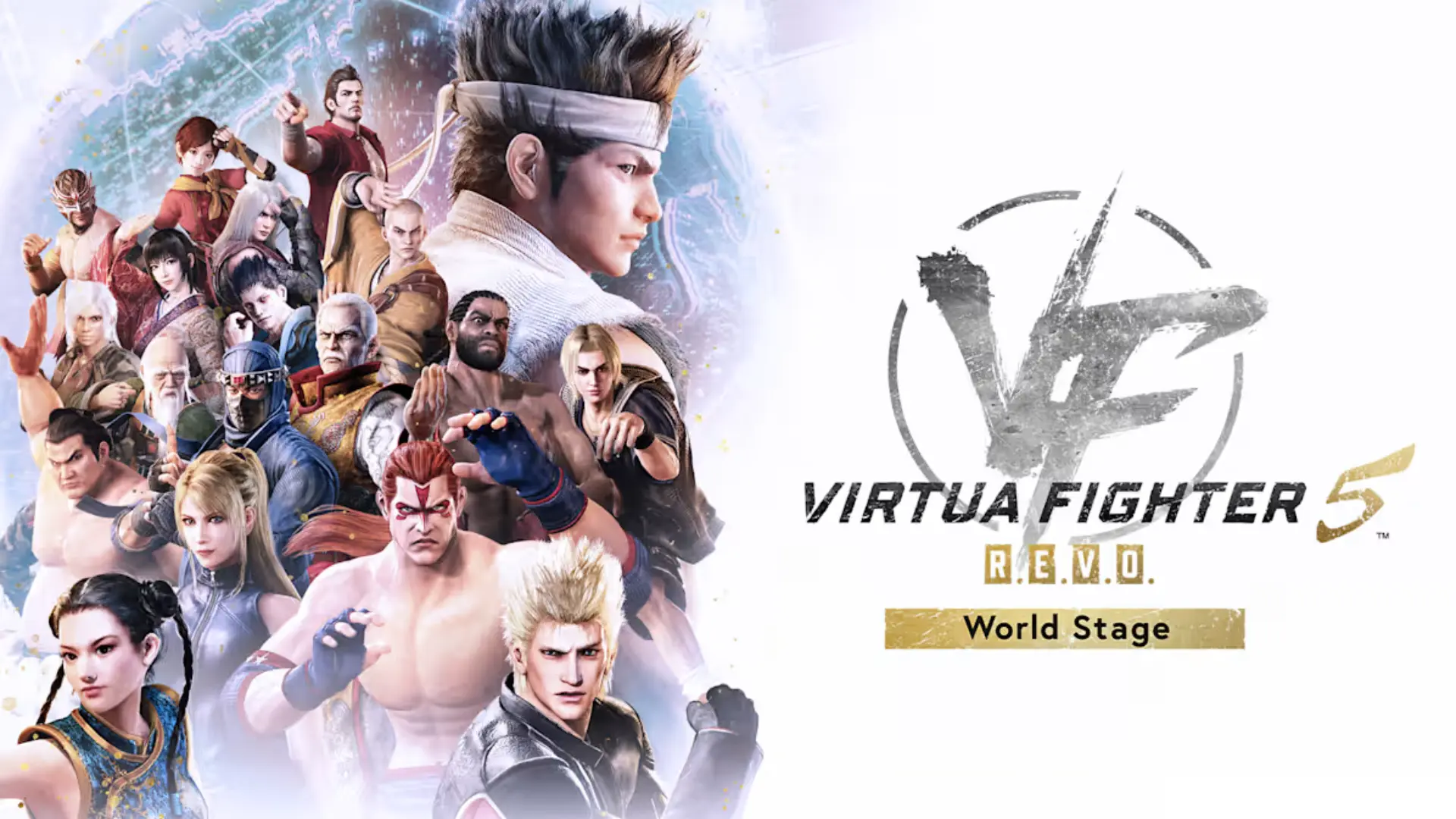 virtua fighter 5 world stage artwork featuring martial artists beside the game title on a white background